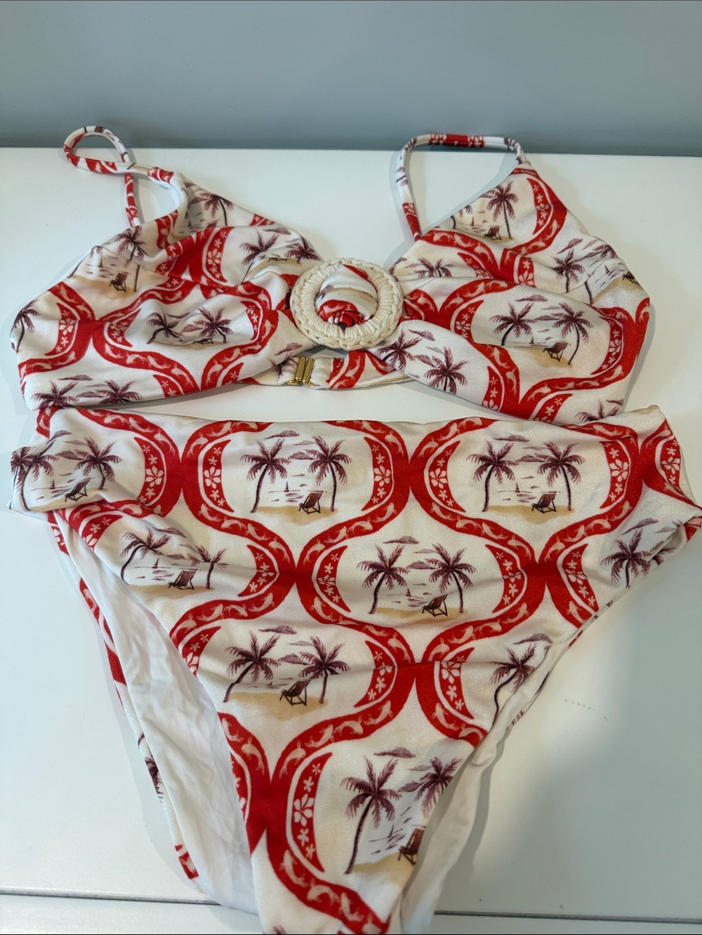 Farm Rio Palm-Print Two-Piece Swimsuit with crochet Decorative Ring